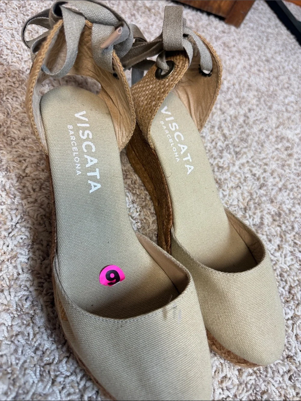 Viscata Barcelona Espadrille Wedge Shoes Beige Canvas Ankle Tie Size 9